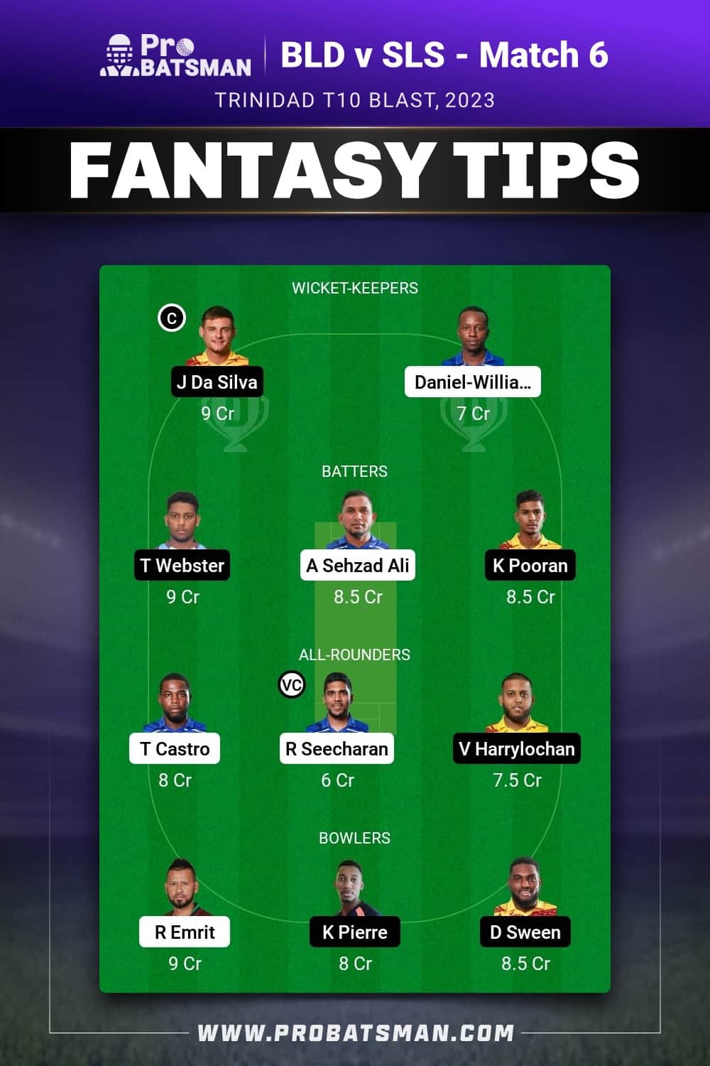 BLD vs SLS Dream11 Prediction - Fantasy Team 1