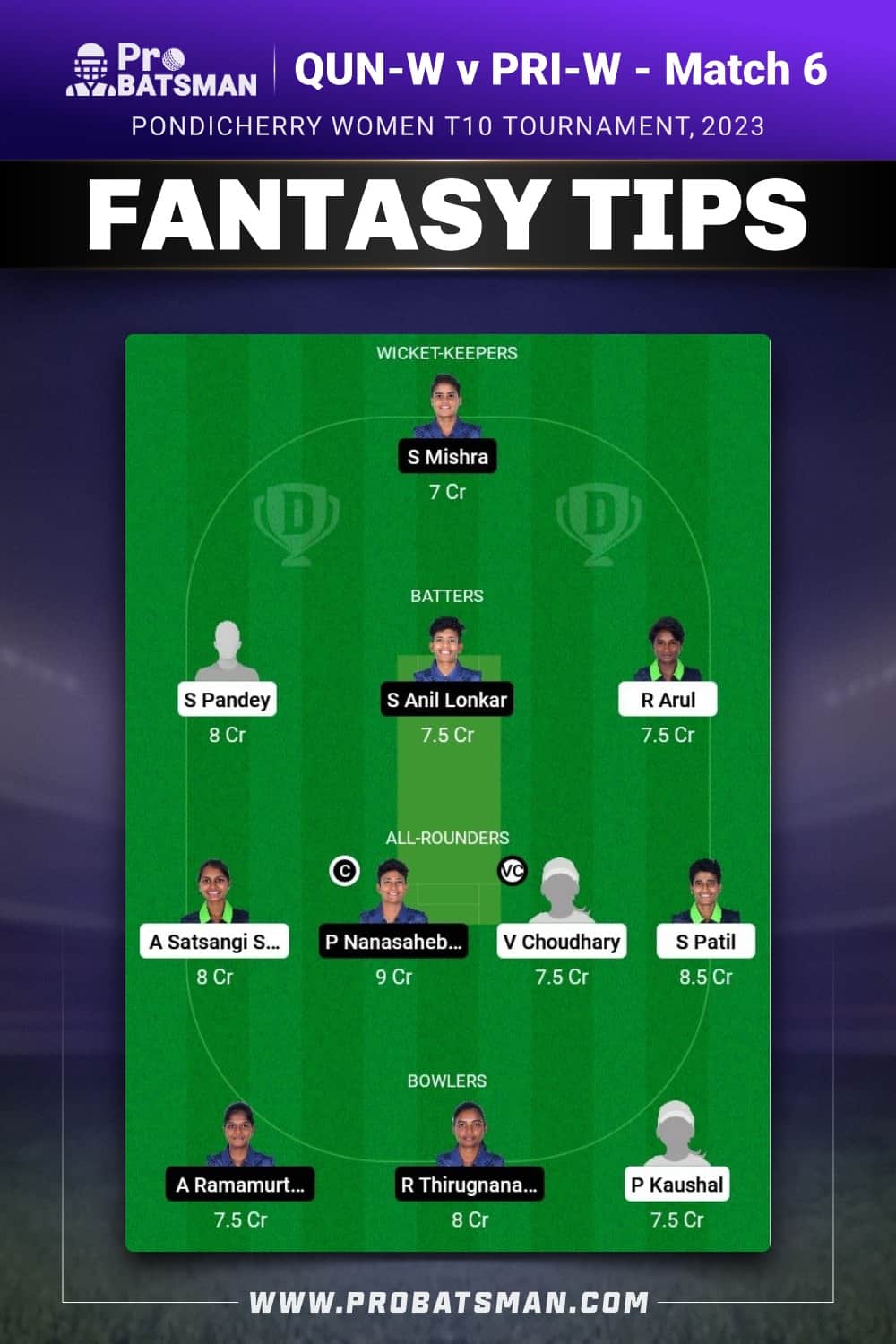QUN-W vs PRI-W Dream11 Prediction - Fantasy Team 1 QUN-W vs PRI-W Dream11 Prediction - Fantasy Team 1