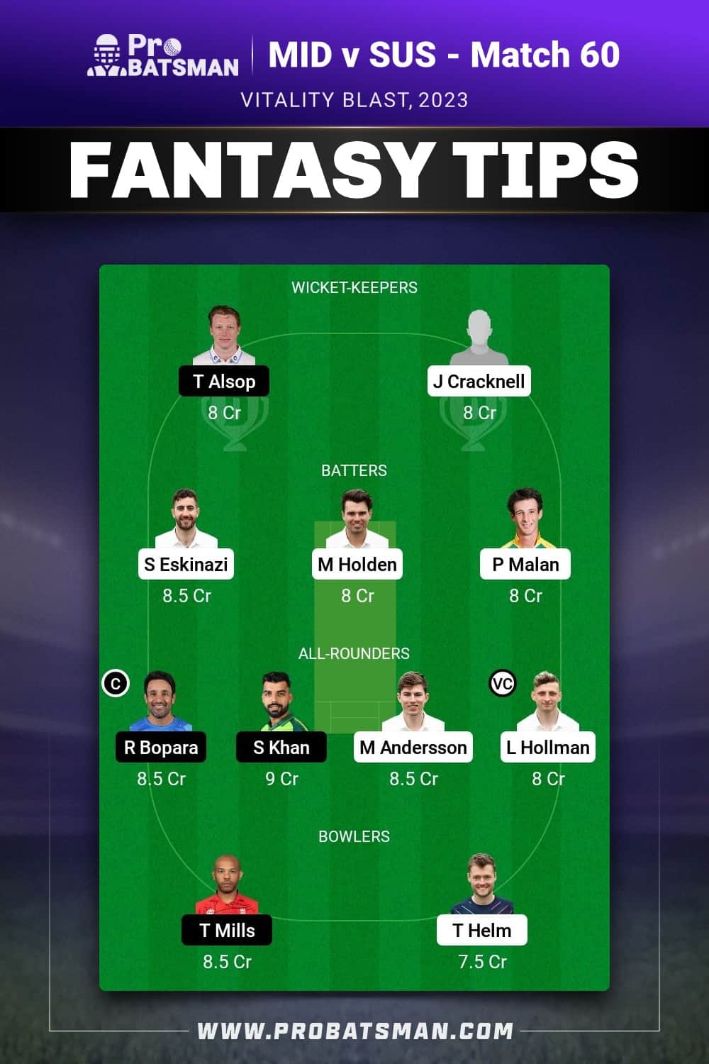 MID vs SUS Dream11 Prediction - Fantasy Team 1