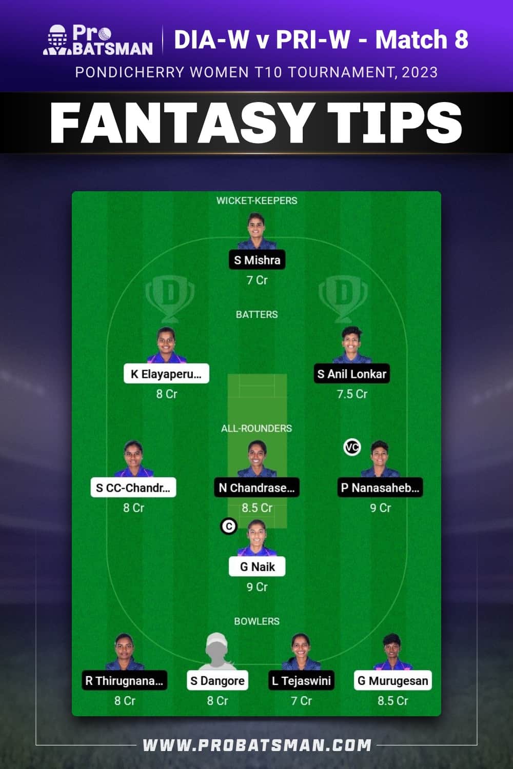 DIA-W vs PRI-W Dream11 Prediction - Fantasy Team 1 DIA-W vs PRI-W Dream11 Prediction - Fantasy Team 1