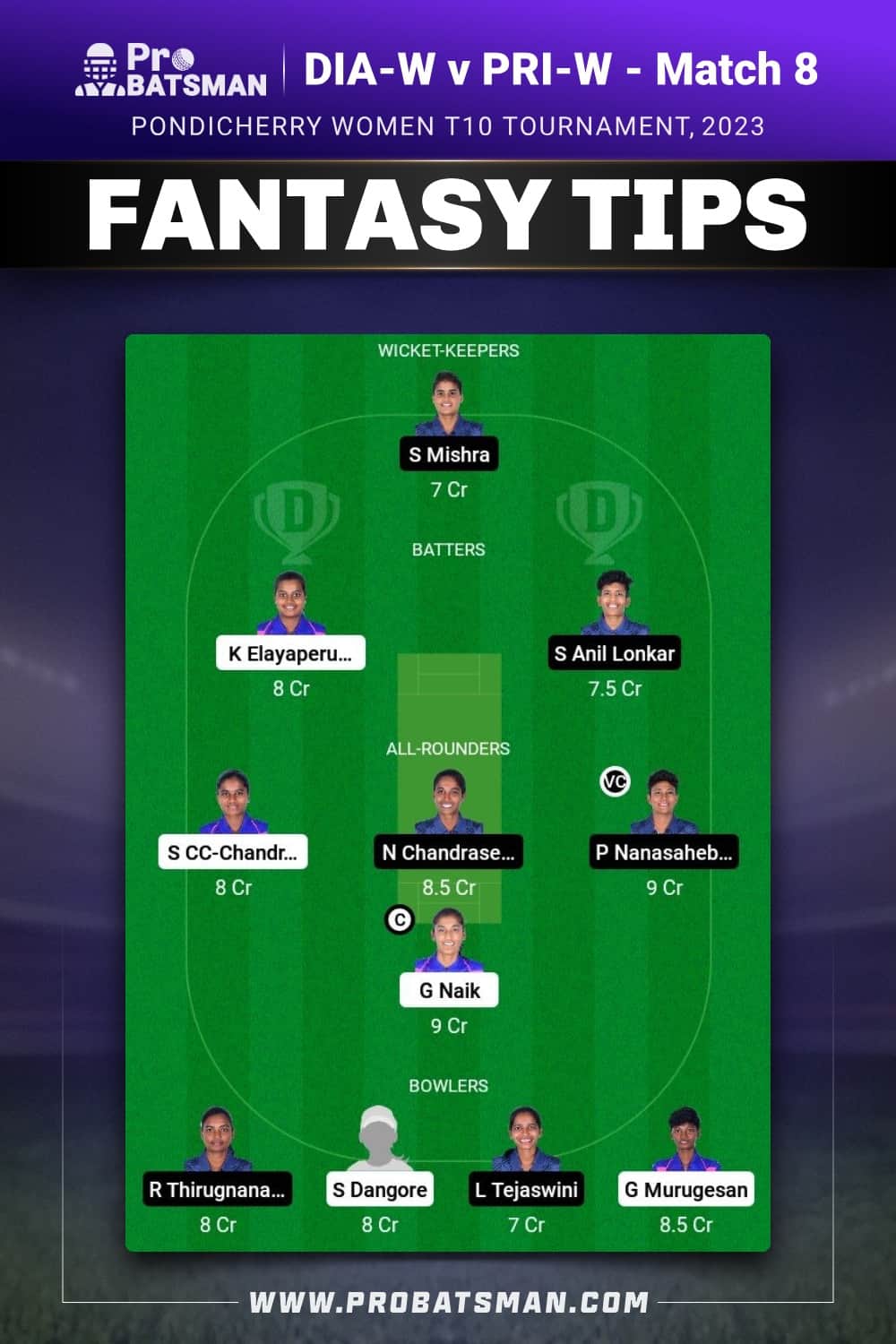 DIA-W vs PRI-W Dream11 Prediction - Fantasy Team 1