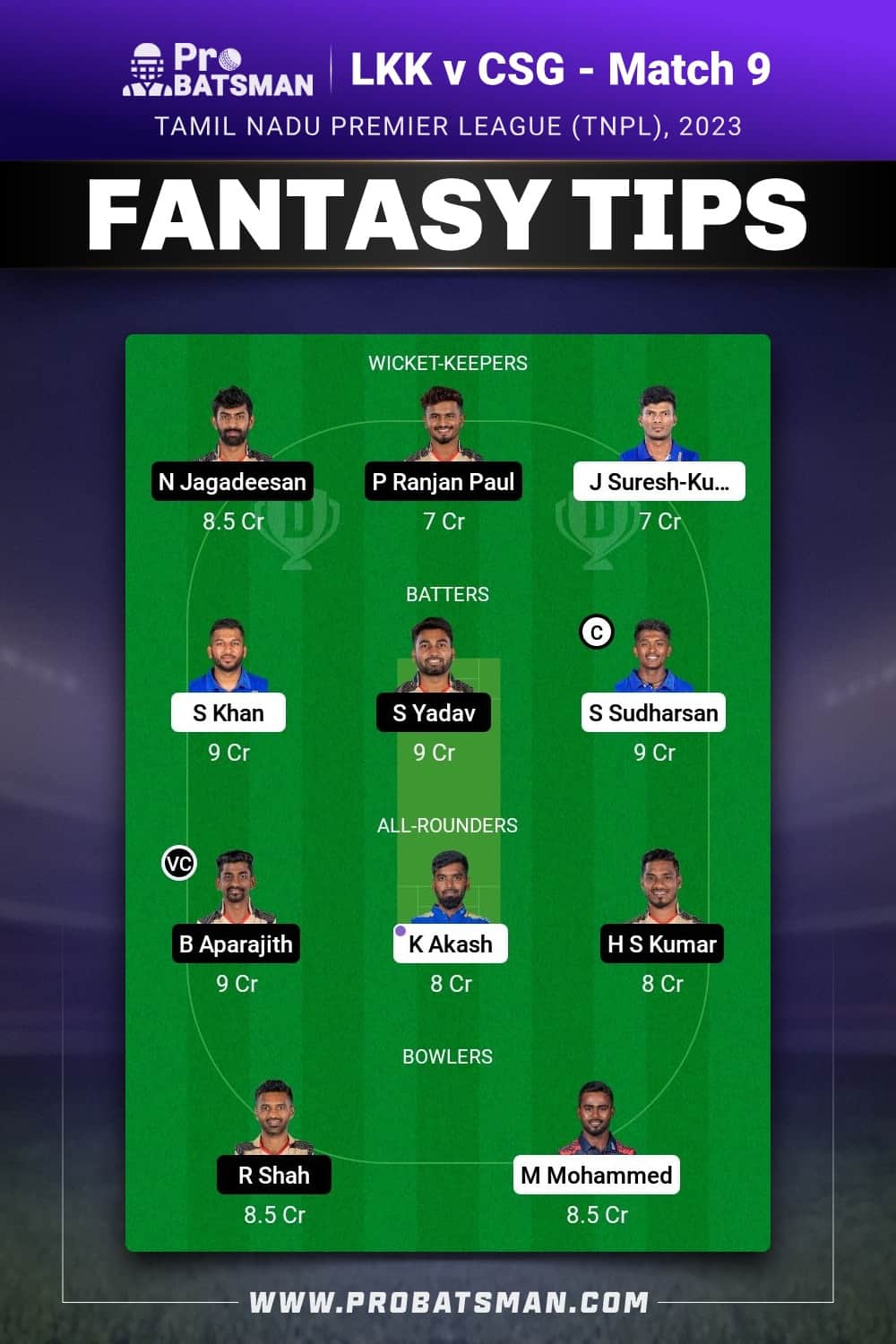 LKK vs CSG Dream11 Prediction - Fantasy Team 1 LKK vs CSG Dream11 Prediction - Fantasy Team 1