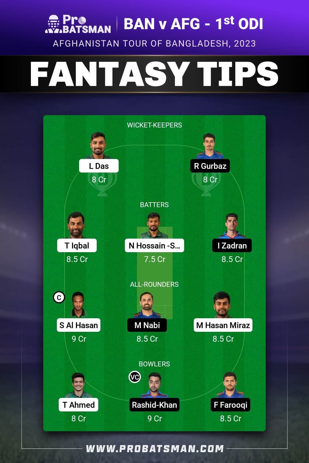 BAN vs AFG Dream11 Prediction - Fantasy Team 1 BAN vs AFG Dream11 Prediction - Fantasy Team 1