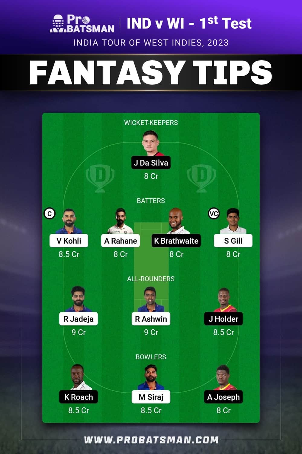 IND vs WI Dream11 Prediction - Fantasy Team 1