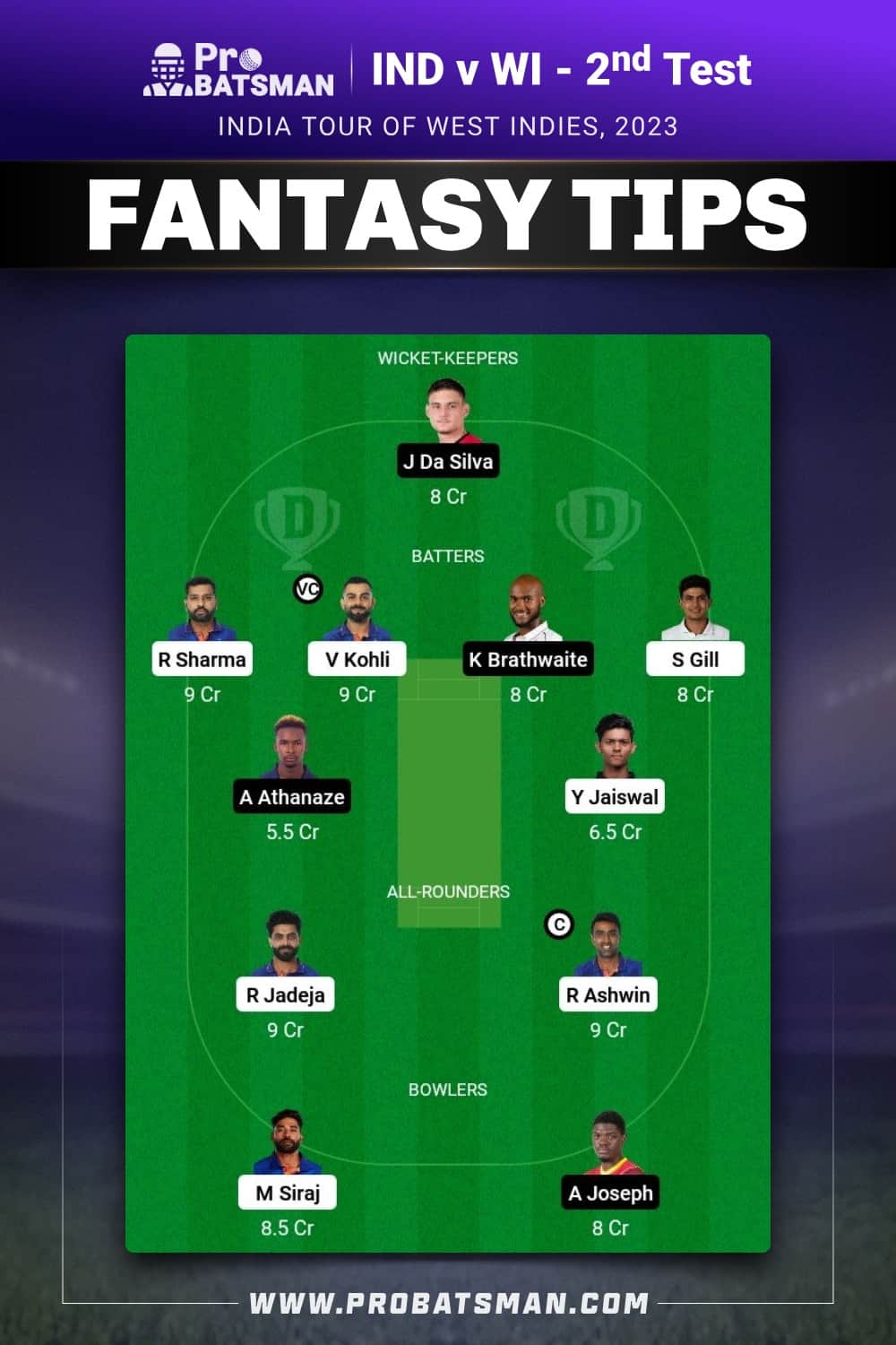 IND vs WI Dream11 Prediction - Fantasy Team 1