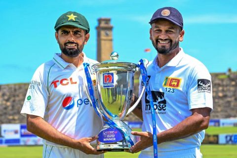 Babar Azam of Pakistan and Dimuth Karunaratne with series trophy