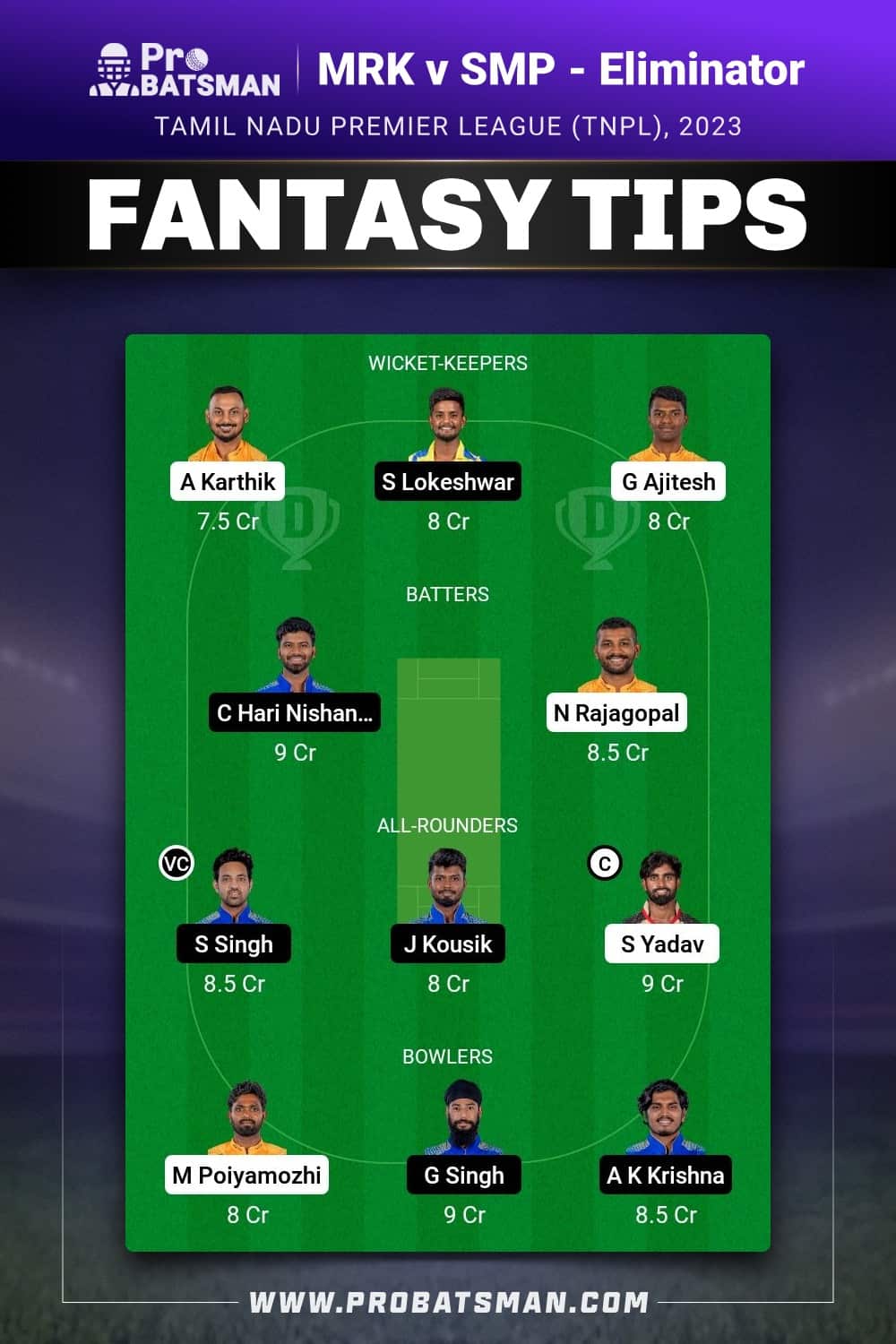 NRK vs SMP Dream11 Prediction With Stats, Pitch Report & Player Record of Tamil Nadu Premier League (TNPL), 2023 For Eliminator