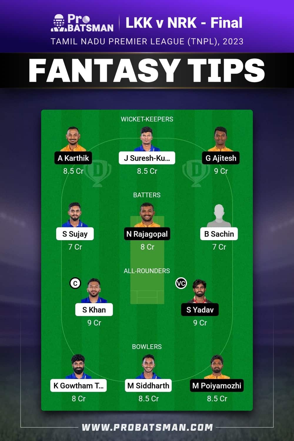 LKK vs NRK Dream11 Prediction - Fantasy Team 1