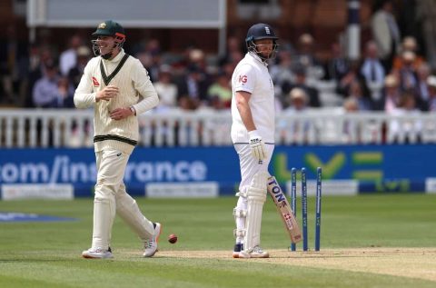 Jonny Bairstow looks frustrated after being run out by Australia's Alex Carey