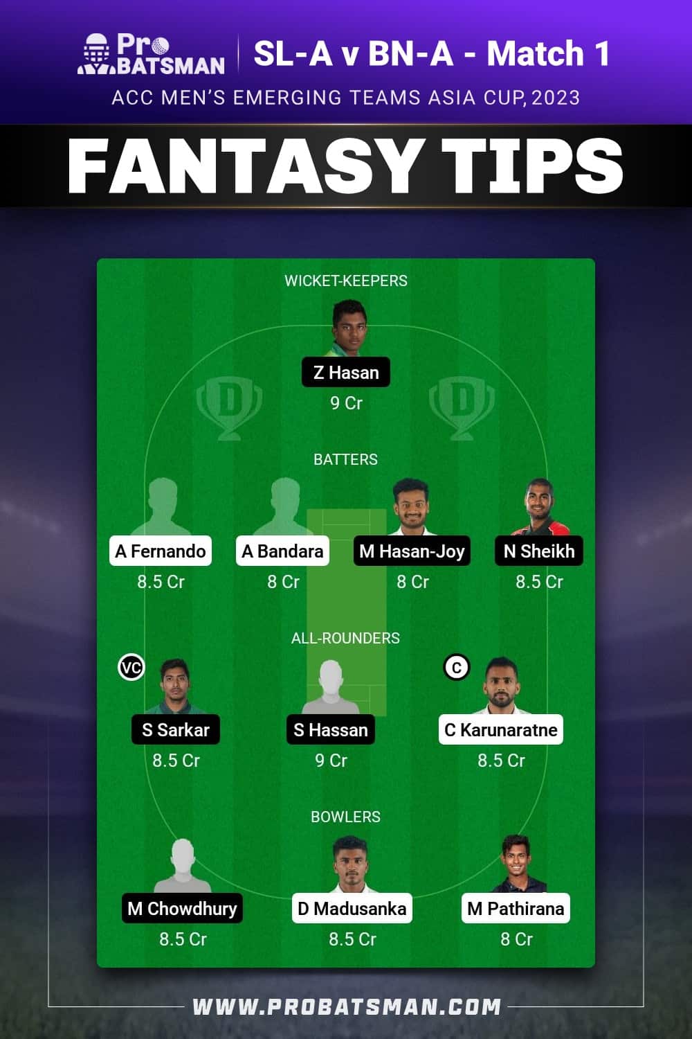 SL-A vs BN-A Dream11 Prediction - Fantasy Team 1 SL-A vs BN-A Dream11 Prediction - Fantasy Team 1