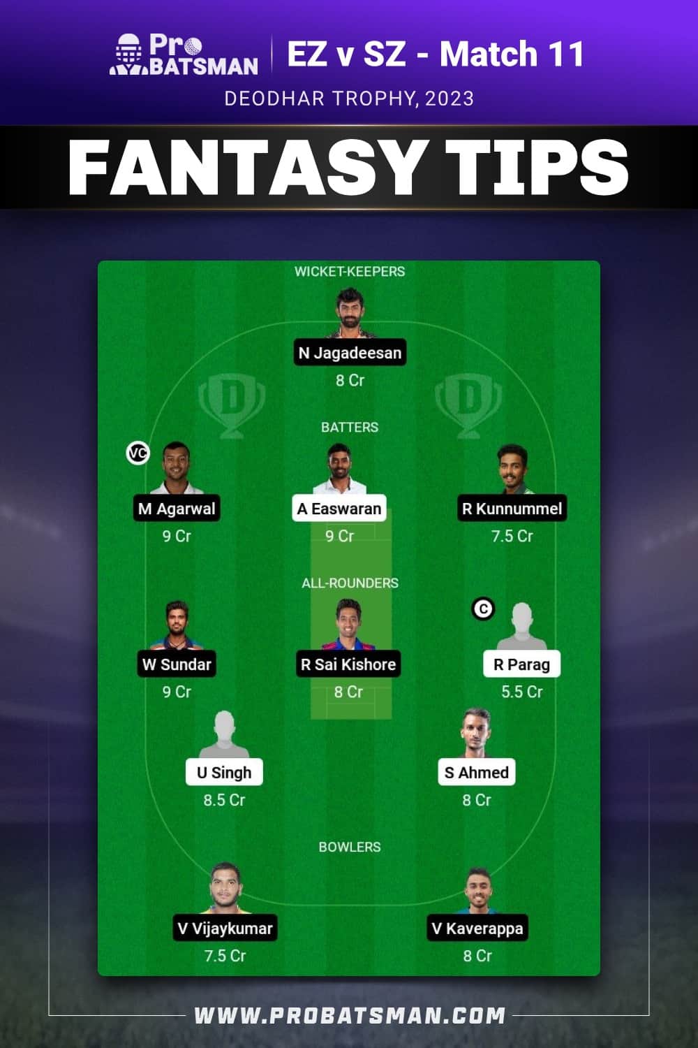 EZ vs SZ Dream11 Prediction - Fantasy Team 1