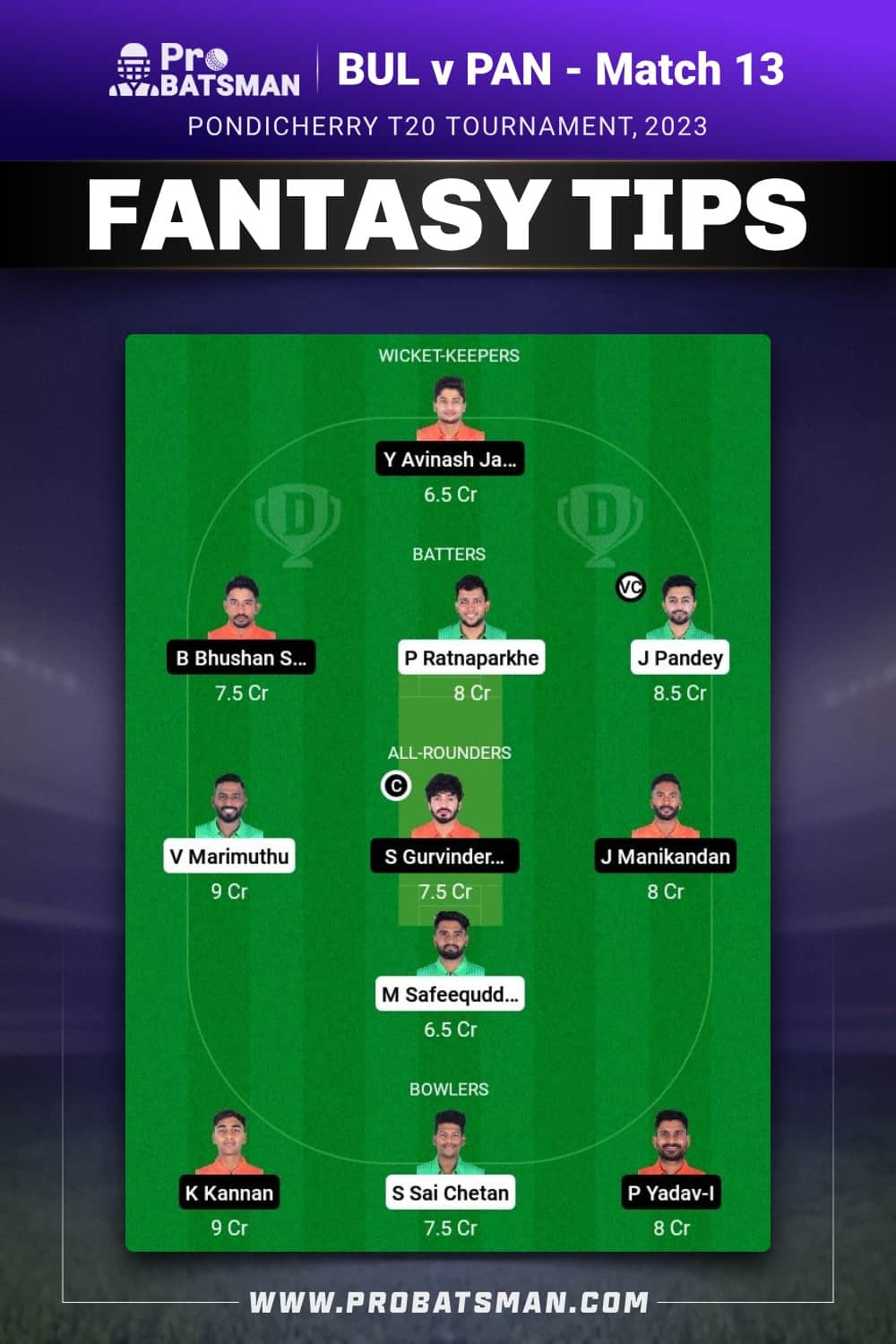 BUL vs PAN Dream11 Prediction - Fantasy Team 1