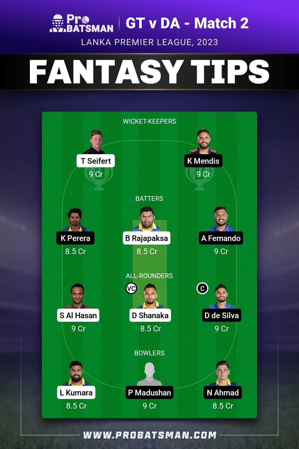 GT vs DA Dream11 Prediction With Stats, Pitch Report & Player Record of Lanka Premier League (LPL), 2023 For Match 2 GT vs DA Dream11 Prediction - Fantasy Team 2