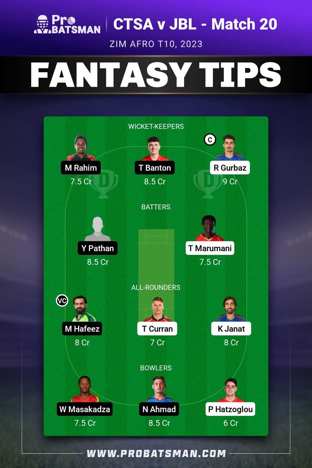CTSA vs JBL Dream11 Prediction With Stats, Pitch Report & Player Record of Zim Afro T10, 2023 For Match 20