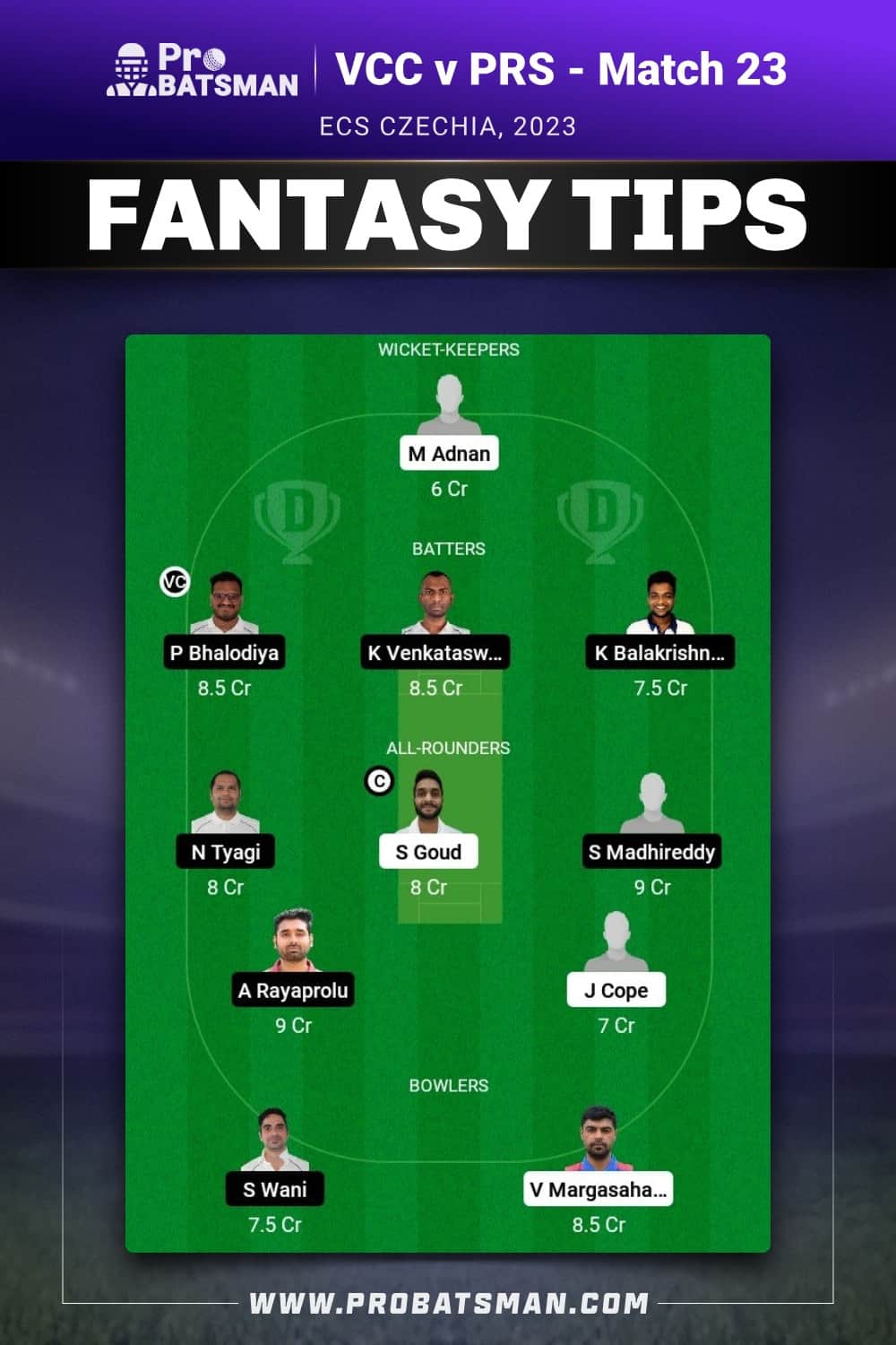 VCC vs PRS Dream11 Prediction - Fantasy Team 1