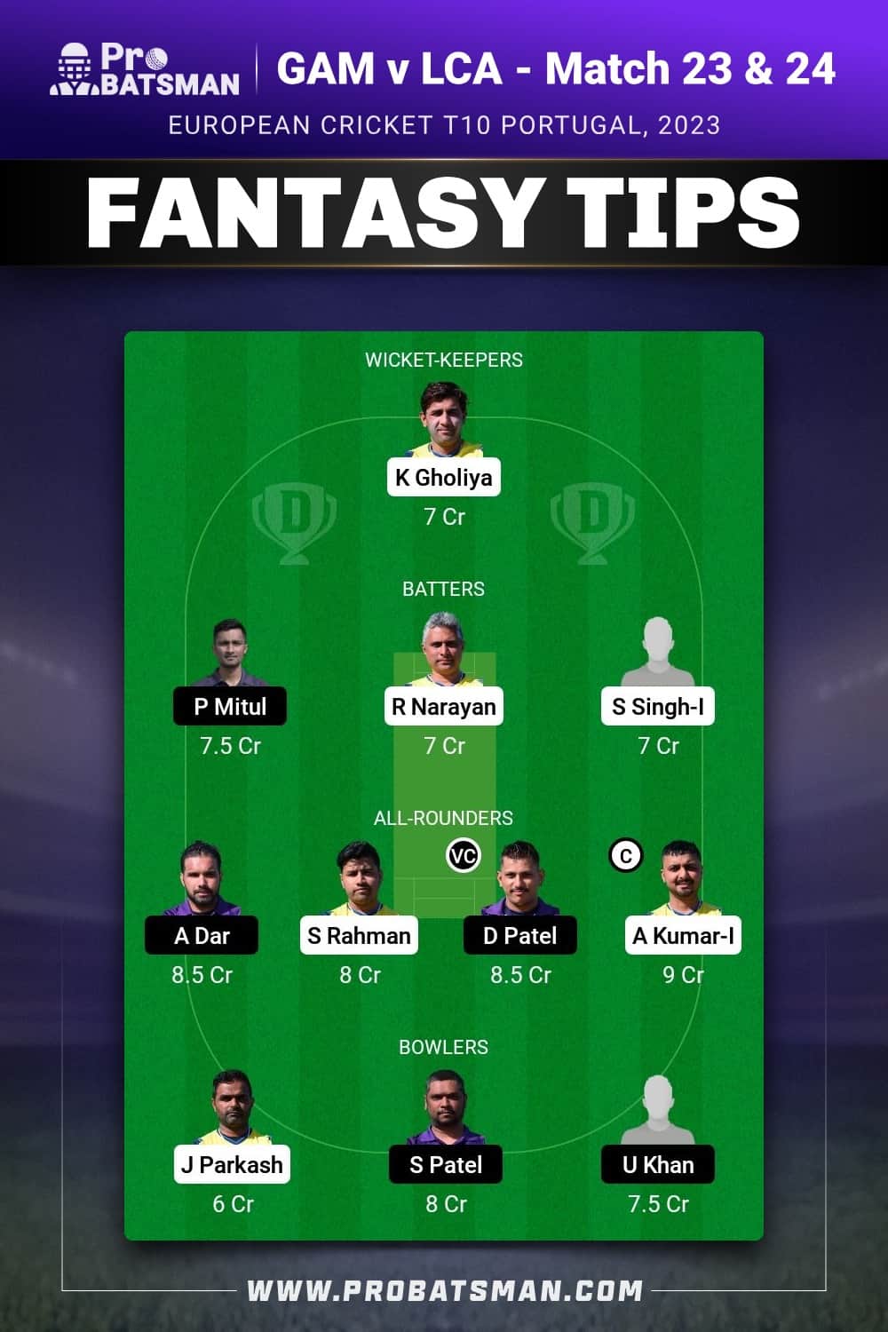 GAM vs LCA Dream11 Prediction - Fantasy Team 2 GAM vs LCA Dream11 Prediction With Stats, Pitch Report & Player Record of European Cricket T10 Portugal, 2023 For Match 23 & 24