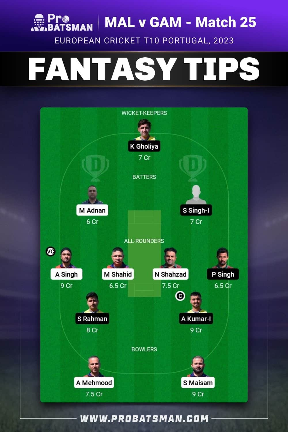 MAL vs GAM Dream11 Prediction - Fantasy Team 1