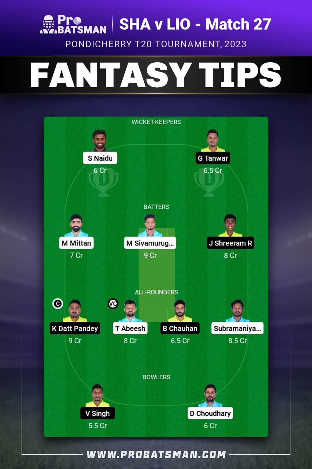 SHA vs LIO Dream11 Prediction - Fantasy Team 1 SHA vs LIO Dream11 Prediction - Fantasy Team 1