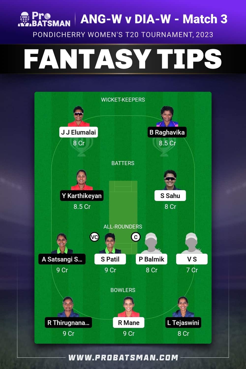 ANG-W vs DIA-W Dream11 Prediction With Stats, Pitch Report & Player Record of Pondicherry Women's T20 Tournament, 2023 For Match 3