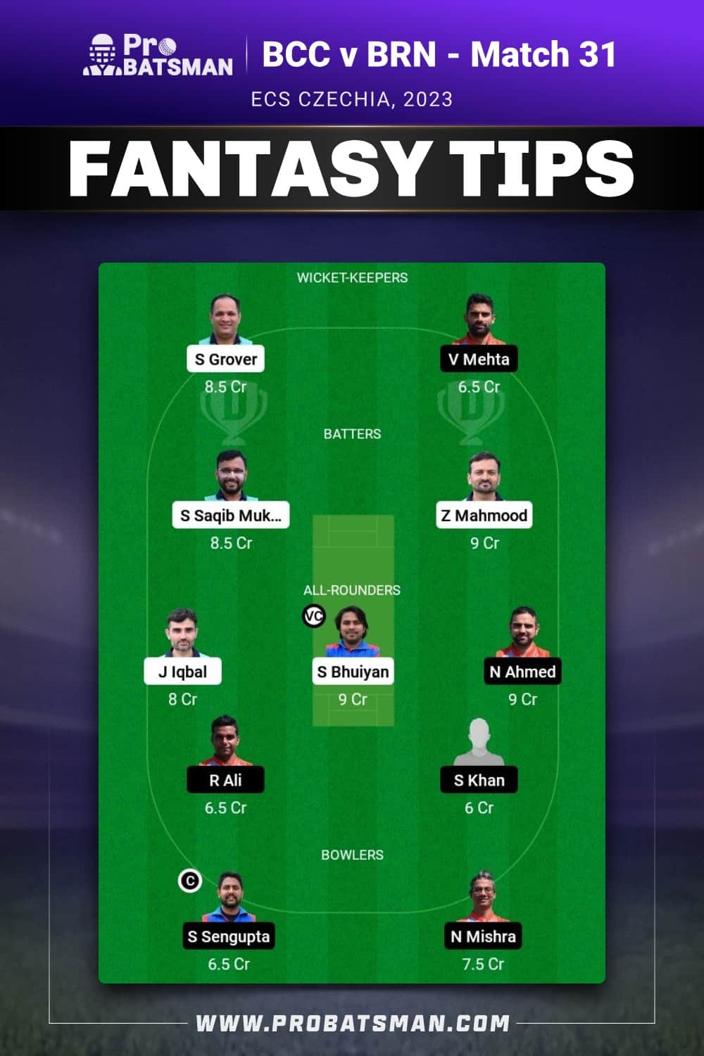 BCC vs BRN Dream11 Prediction With Stats, Pitch Report & Player Record of ECS Czechia, 2023 For Match 31