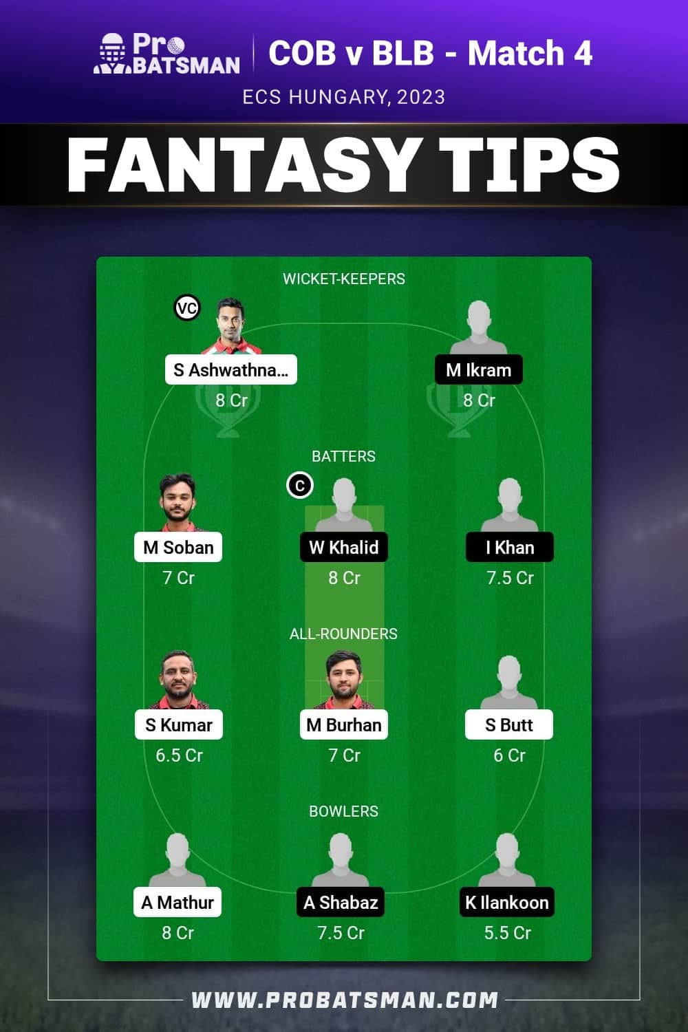 COB vs BLB Dream11 Prediction - Fantasy Team 1