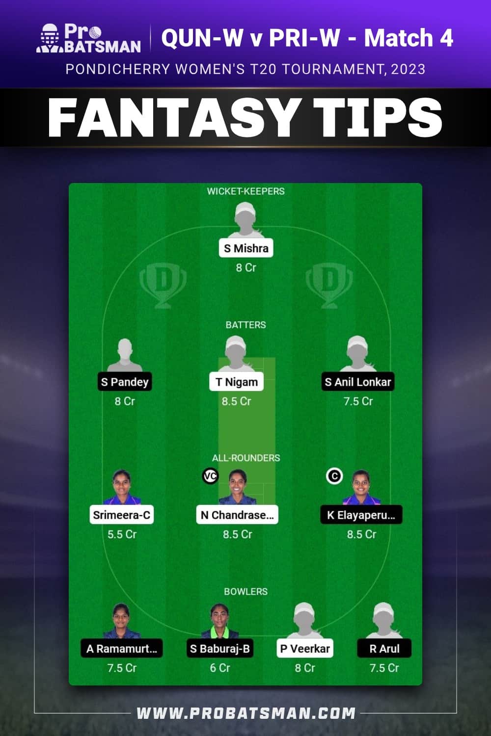 QUN-W vs PRI-W Dream11 Prediction - Fantasy Team 1 QUN-W vs PRI-W Dream11 Prediction - Fantasy Team 1
