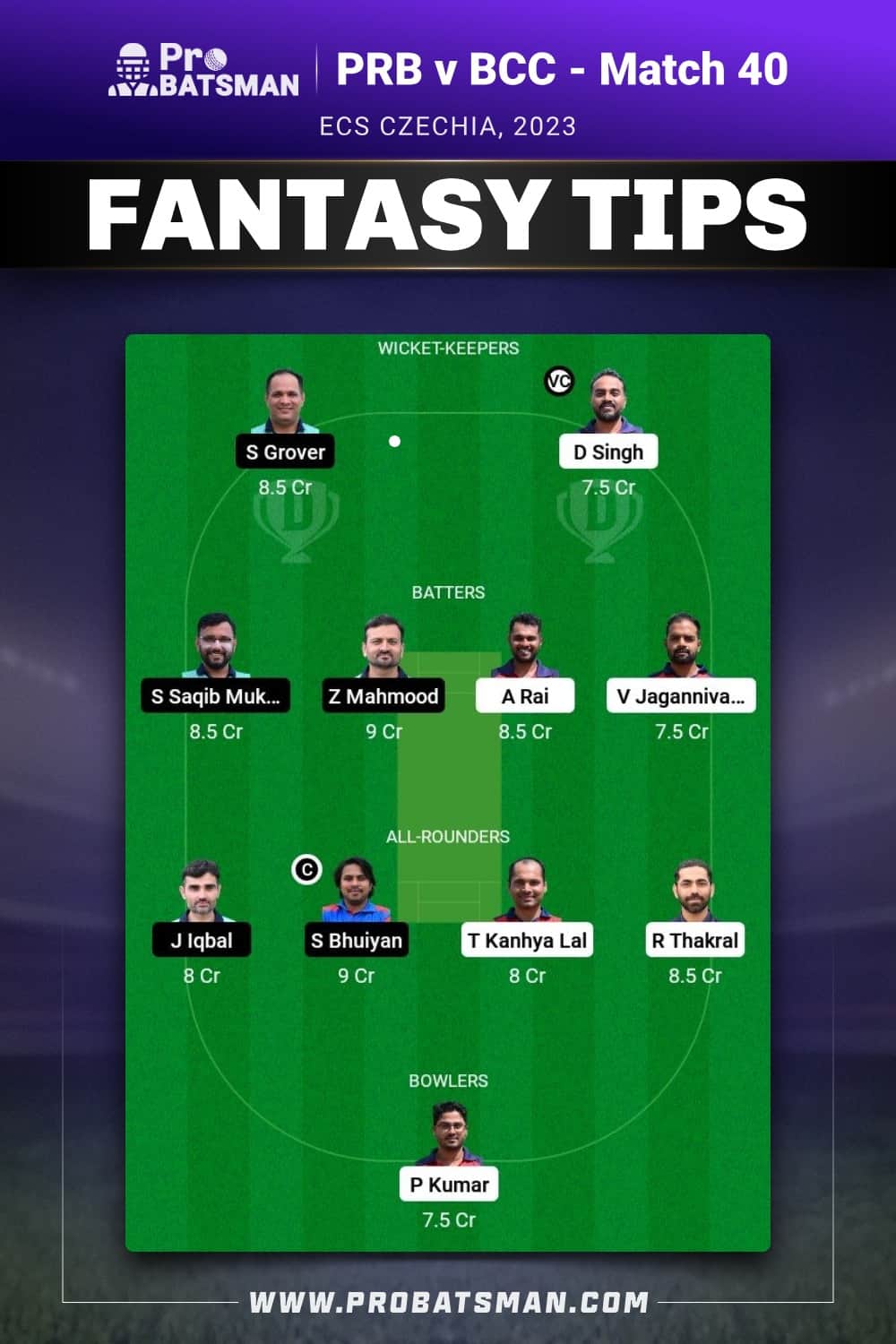 PRB vs BCC Dream11 Prediction - Fantasy Team 1