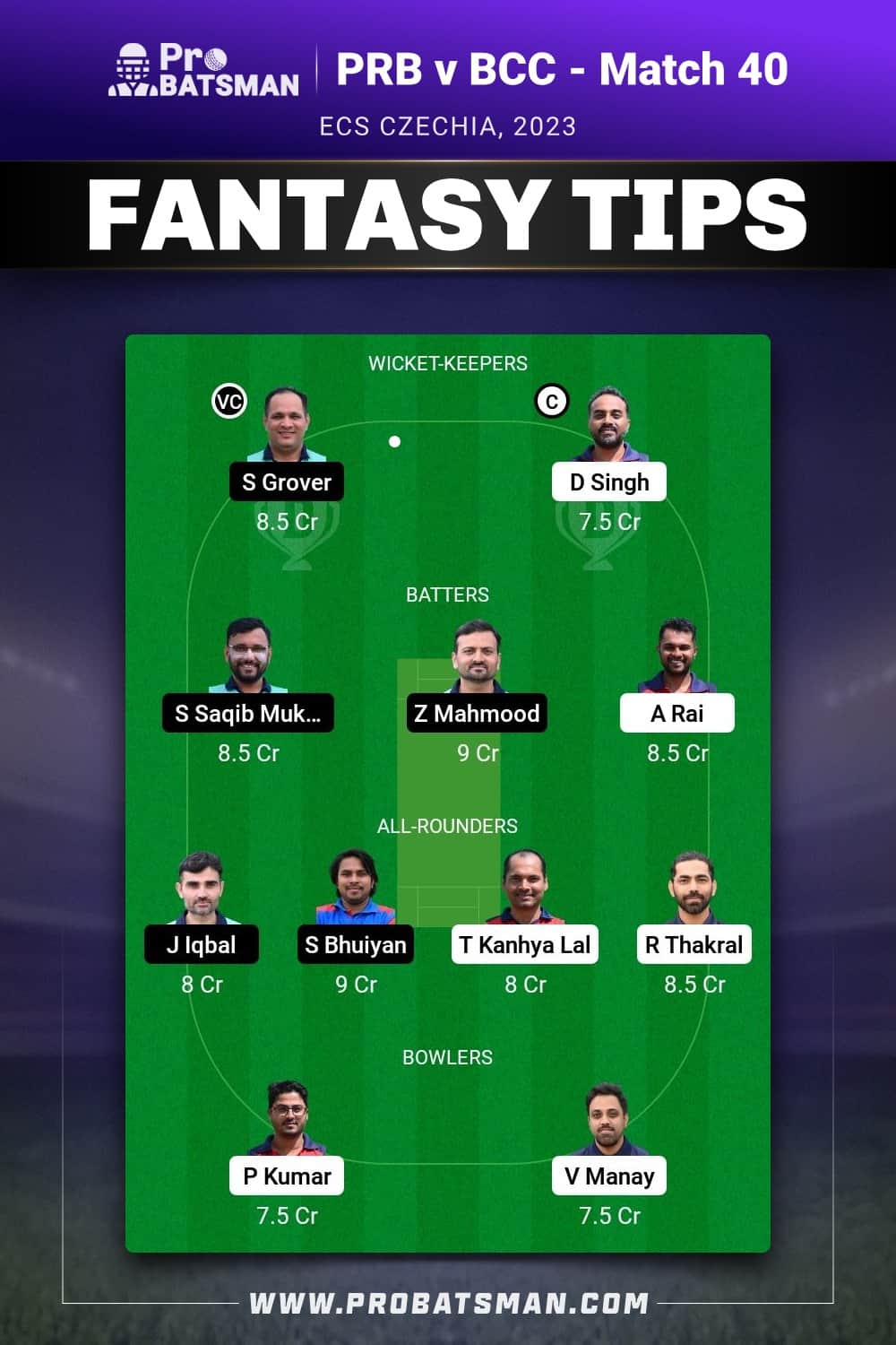 PRB vs BCC Dream11 Prediction - Fantasy Team 2 PRB vs BCC Dream11 Prediction - Fantasy Team 2
