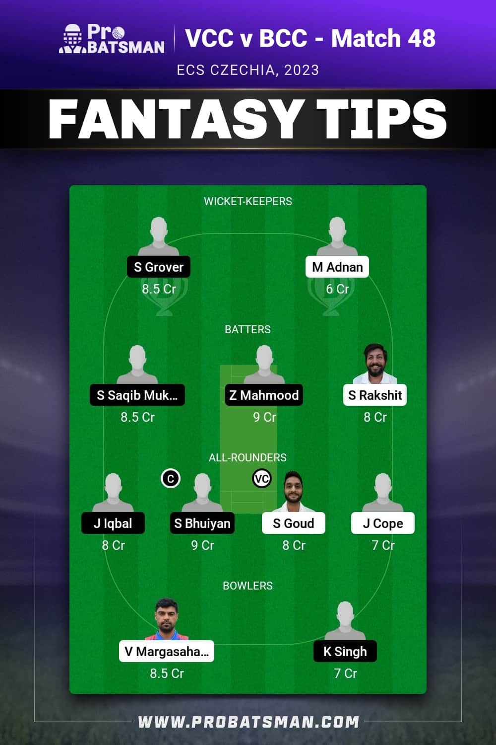 VCC vs BCC Dream11 Prediction - Fantasy Team 1