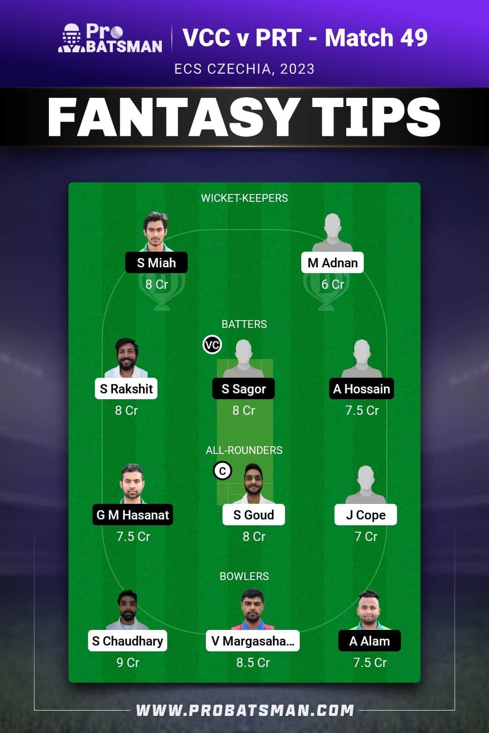 VCC vs PRT Dream11 Prediction - Fantasy Team 1