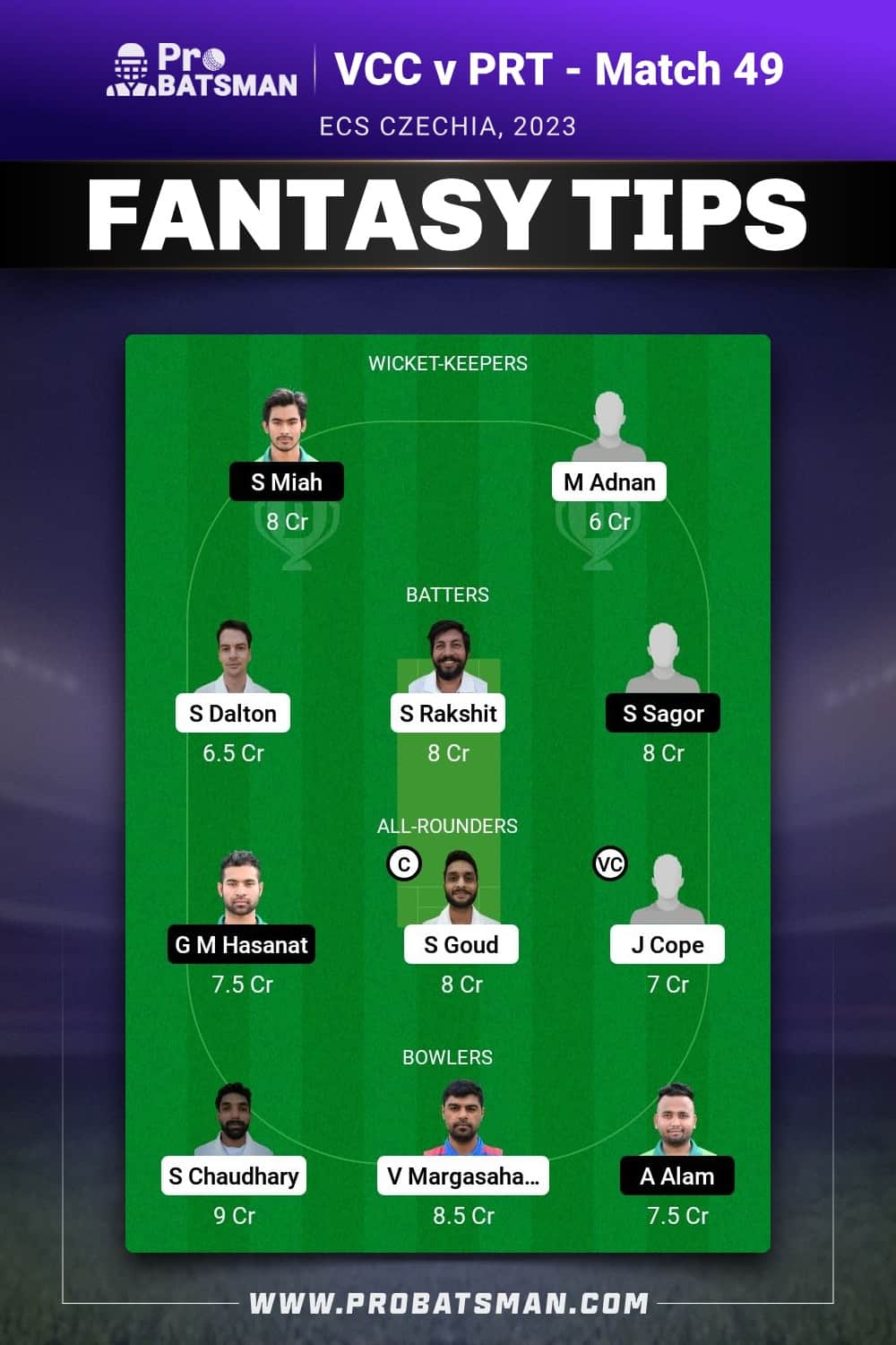 VCC vs PRT Dream11 Prediction - Fantasy Team 2