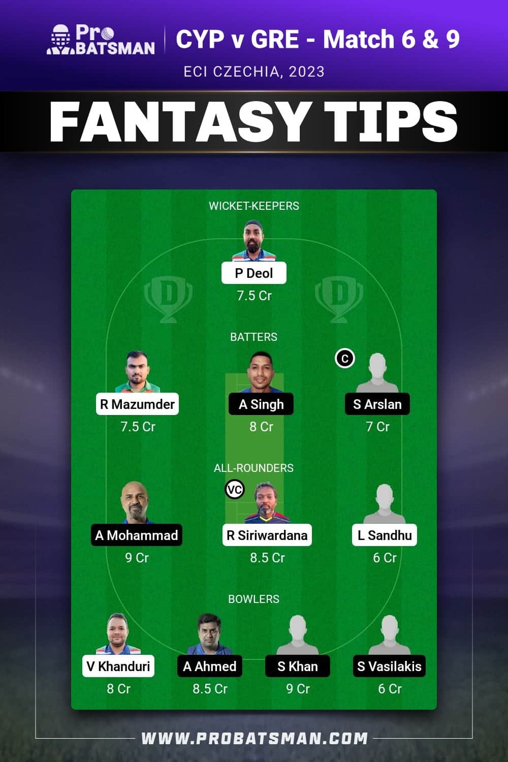 CYP vs GRE Dream11 Prediction - Fantasy Team 1