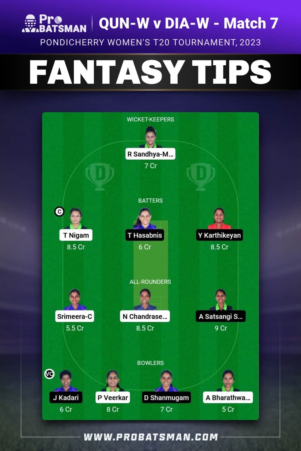 QUN-W vs DIA-W Dream11 Prediction - Fantasy Team 1 QUN-W vs DIA-W Dream11 Prediction - Fantasy Team 1