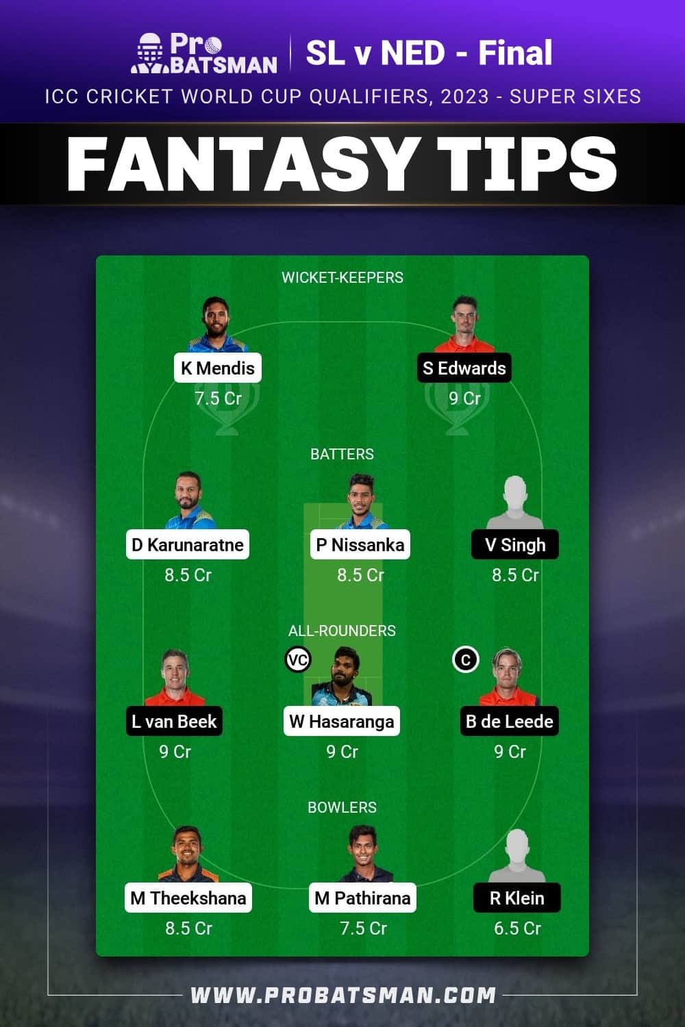 SL vs NED Dream11 Prediction - Fantasy Team 1 SL vs NED Dream11 Prediction - Fantasy Team 1