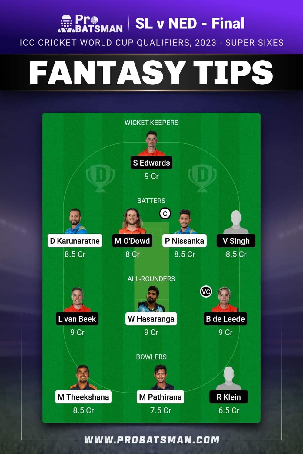 SL vs NED Dream11 Prediction - Fantasy Team 2 SL vs NED Dream11 Prediction - Fantasy Team 2