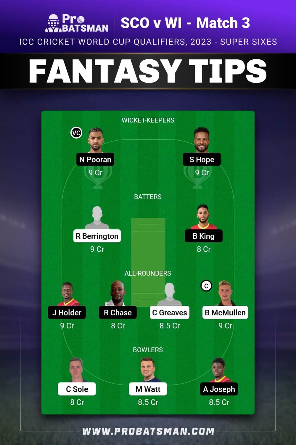 SCO vs WI Dream11 Prediction - Fantasy Team 1