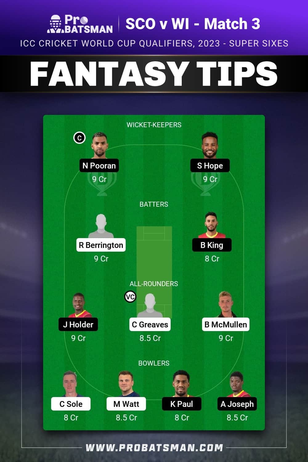 SCO vs WI Dream11 Prediction - Fantasy Team 2