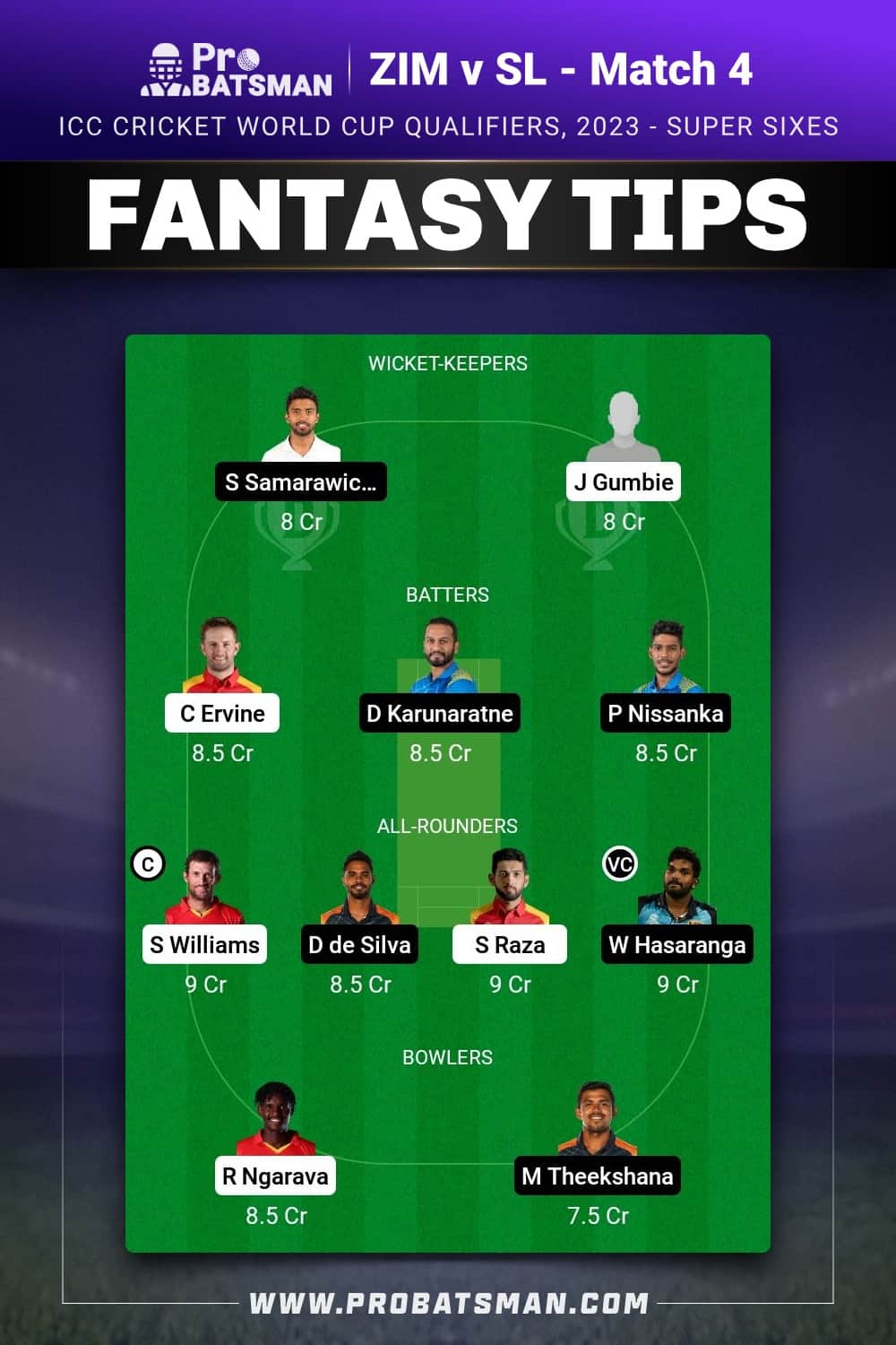 ZIM vs SL Dream11 Prediction - Fantasy Team 1