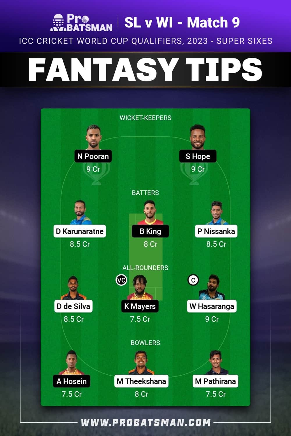 SL vs WI Dream11 Prediction - Fantasy Team 1