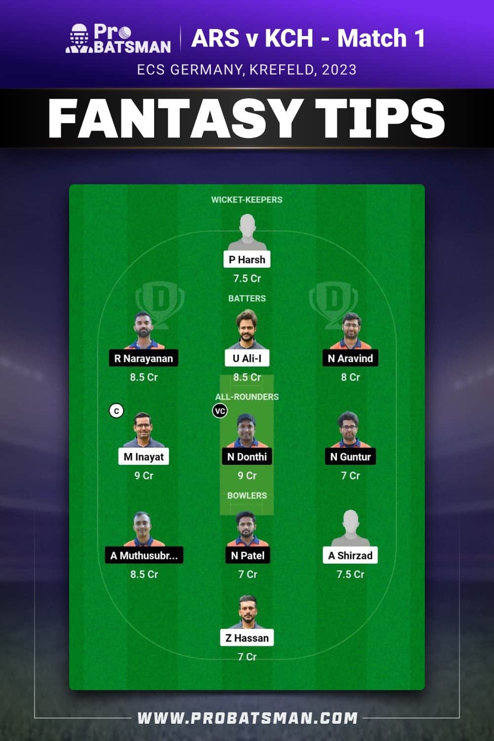 ARS vs KCH Dream11 Prediction - Fantasy Team 1 ARS vs KCH Dream11 Prediction - Fantasy Team 1