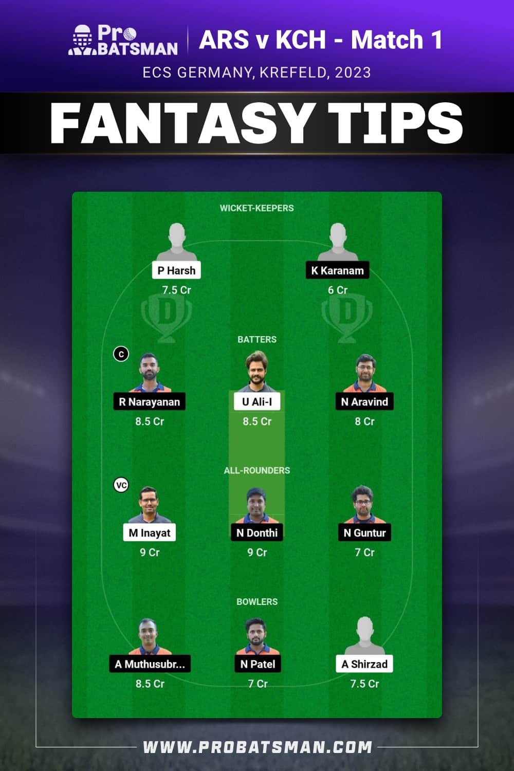 ARS vs KCH Dream11 Prediction - Fantasy Team 2 ARS vs KCH Dream11 Prediction - Fantasy Team 2