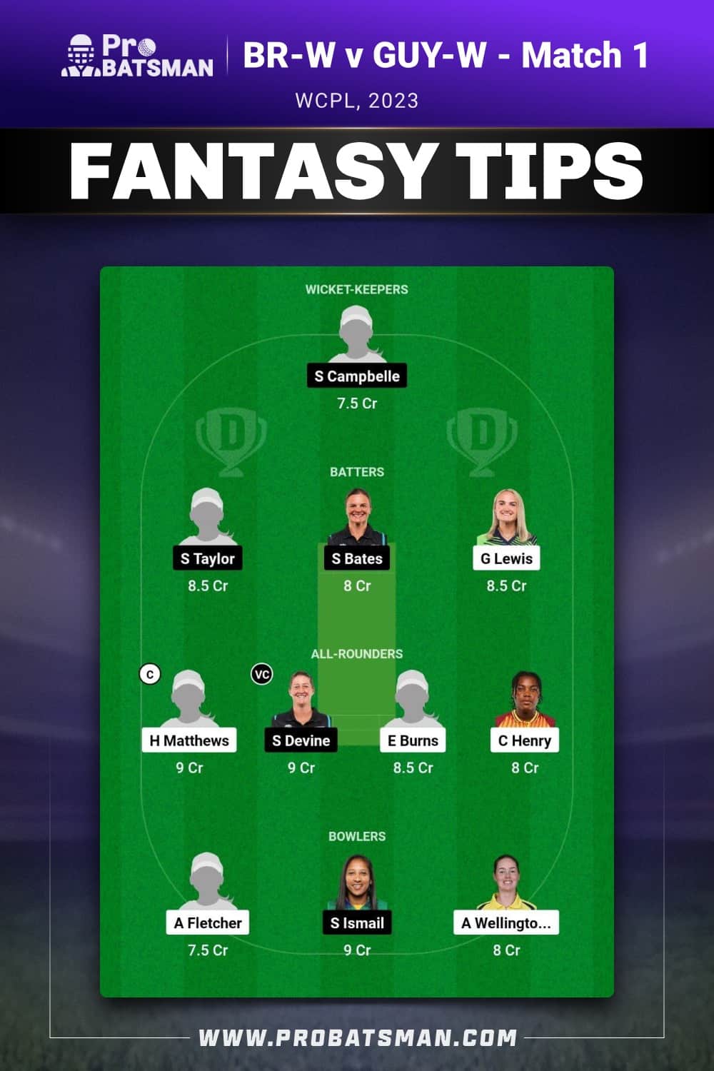 BR-W vs GUY-W Dream11 Prediction - Fantasy Team 1 BR-W vs GUY-W Dream11 Prediction - Fantasy Team 1