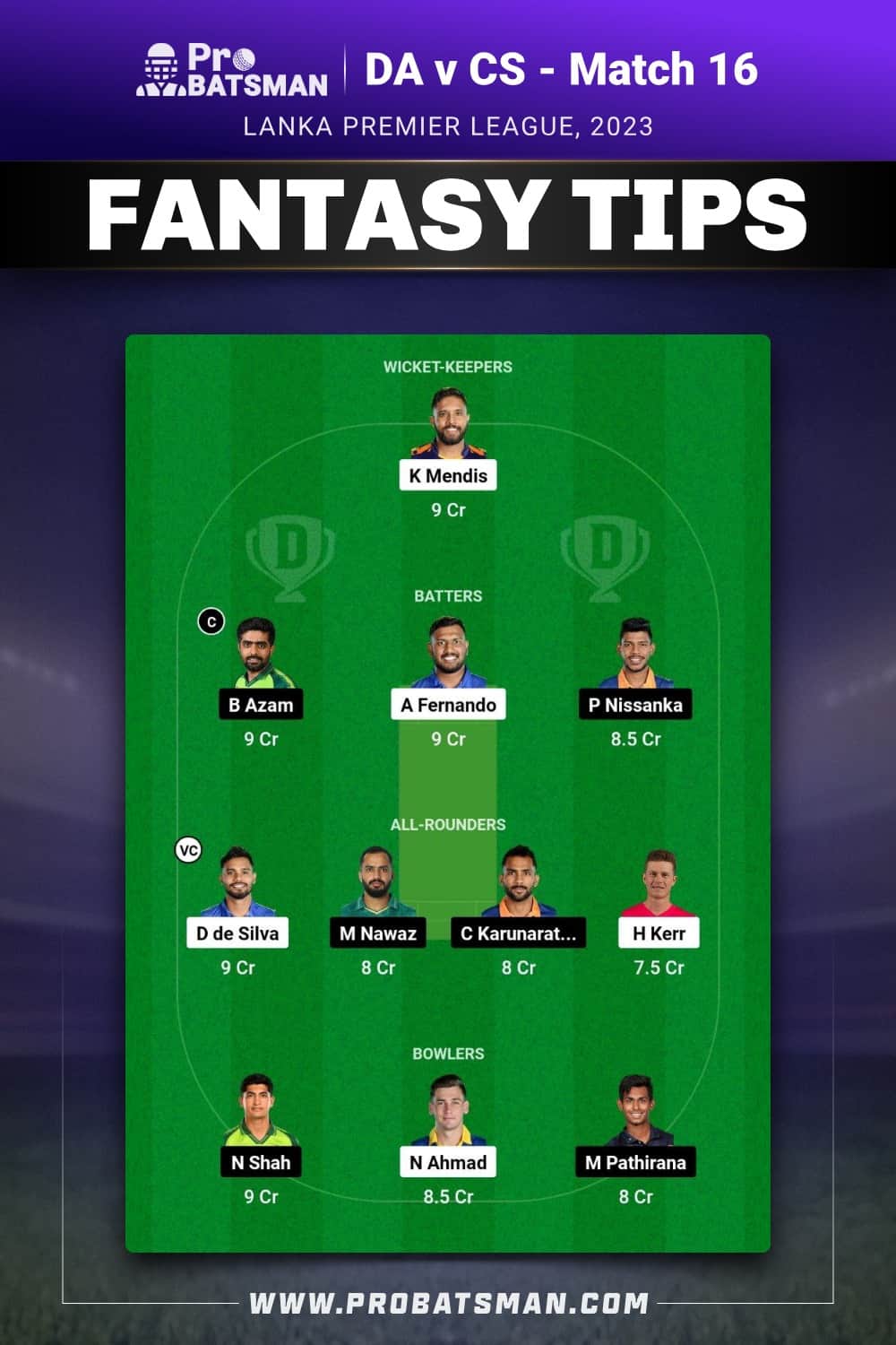 DA vs CS Dream11 Prediction - Fantasy Team 1 DA vs CS Dream11 Prediction - Fantasy Team 1