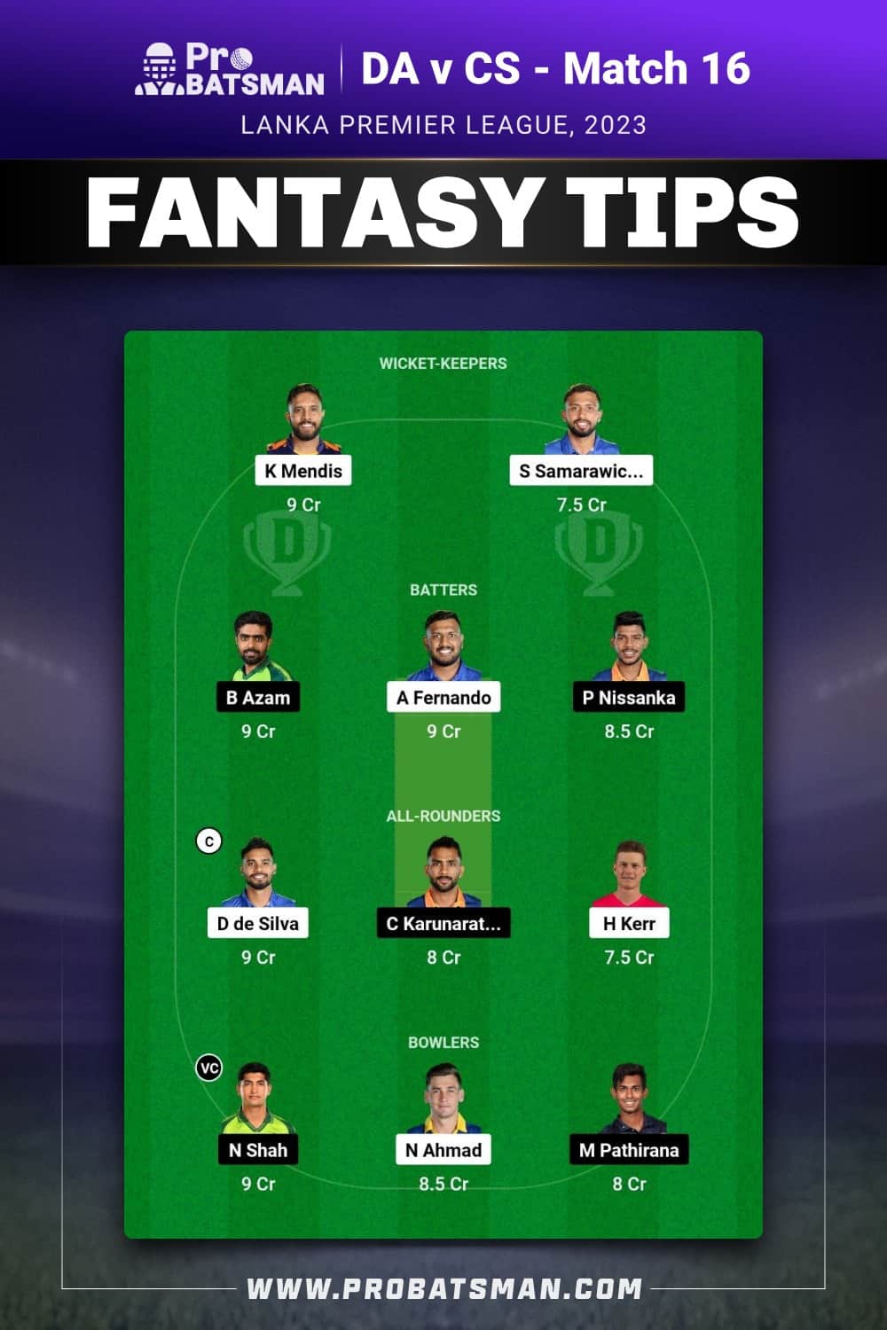 DA vs CS Dream11 Prediction With Stats, Pitch Report & Player Record of Lanka Premier League (LPL), 2023 For Match 16 DA vs CS Dream11 Prediction - Fantasy Team 2