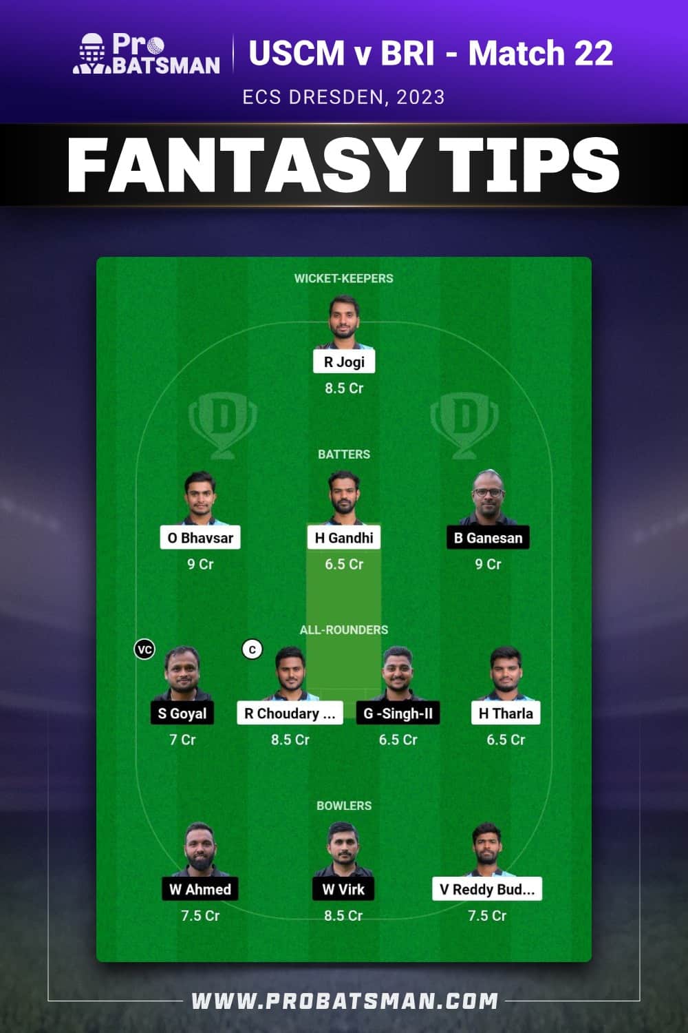 USCM vs BRI Dream11 Prediction - Fantasy Team 1