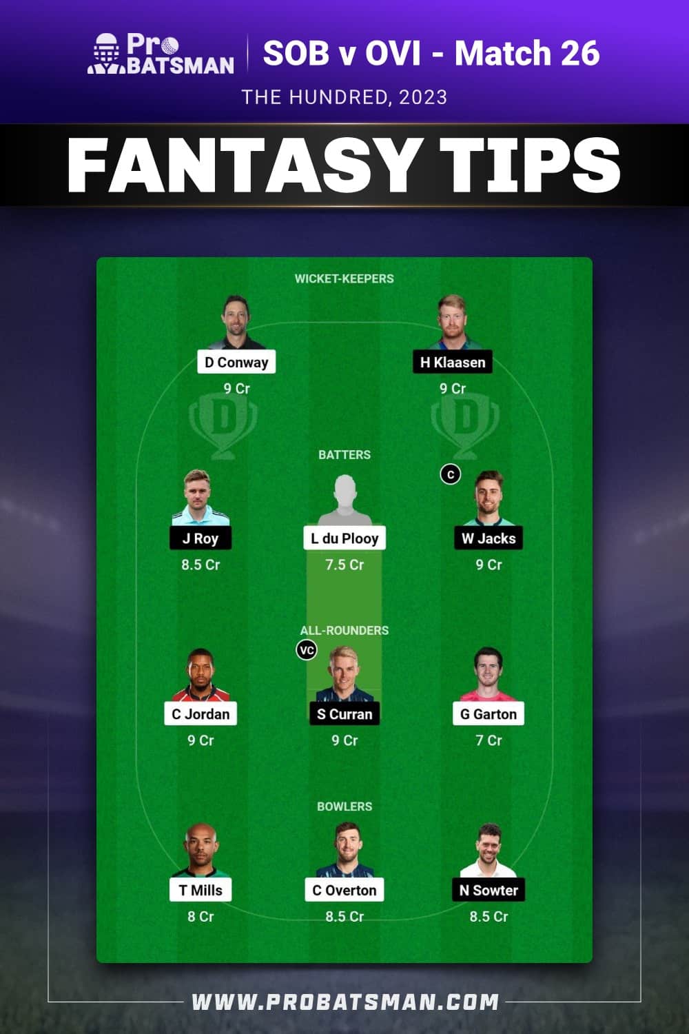 SOB vs OVI Dream11 Prediction - Fantasy Team 1