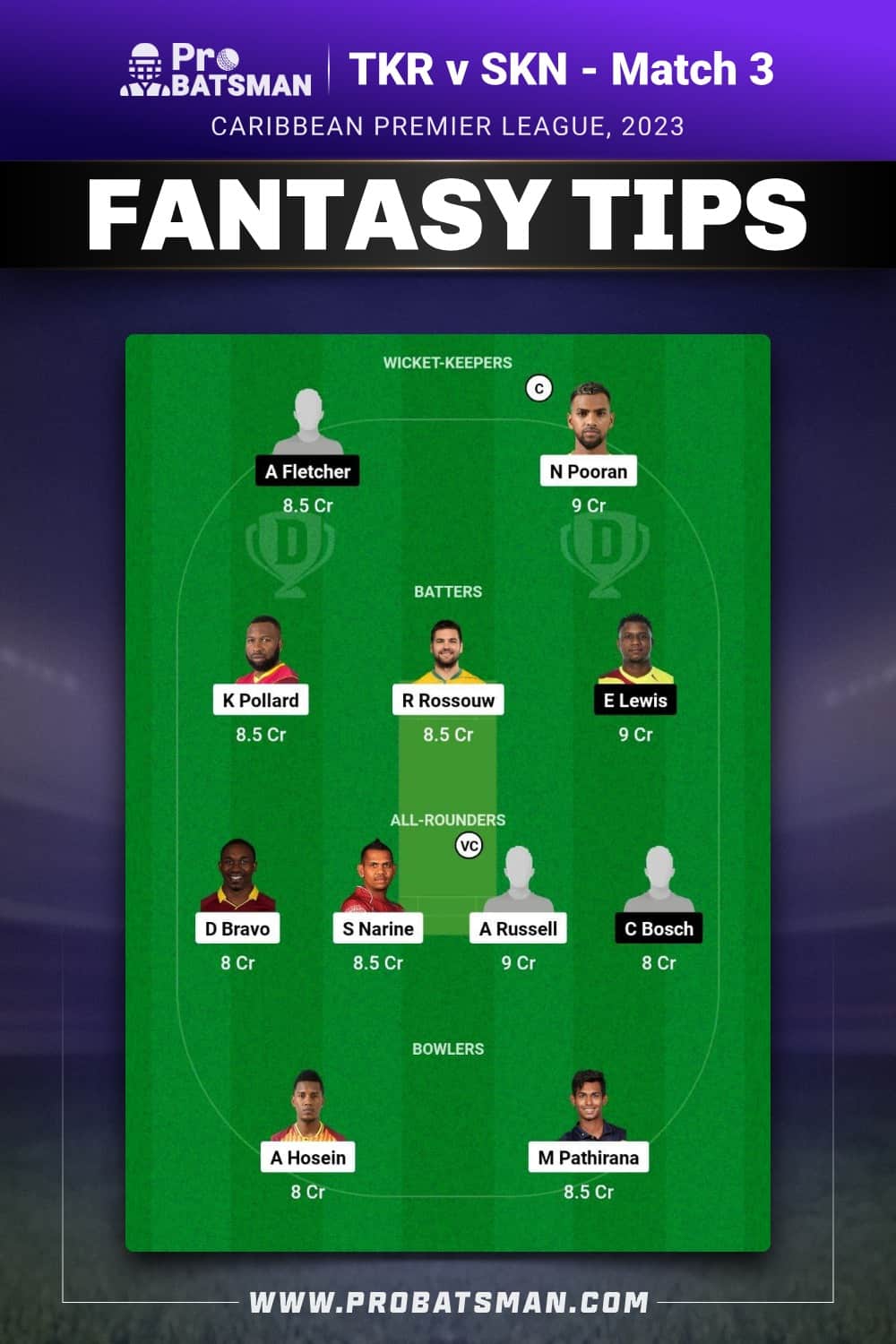 TKR vs SKN Dream11 Prediction - Fantasy Team 1 TKR vs SKN Dream11 Prediction - Fantasy Team 1