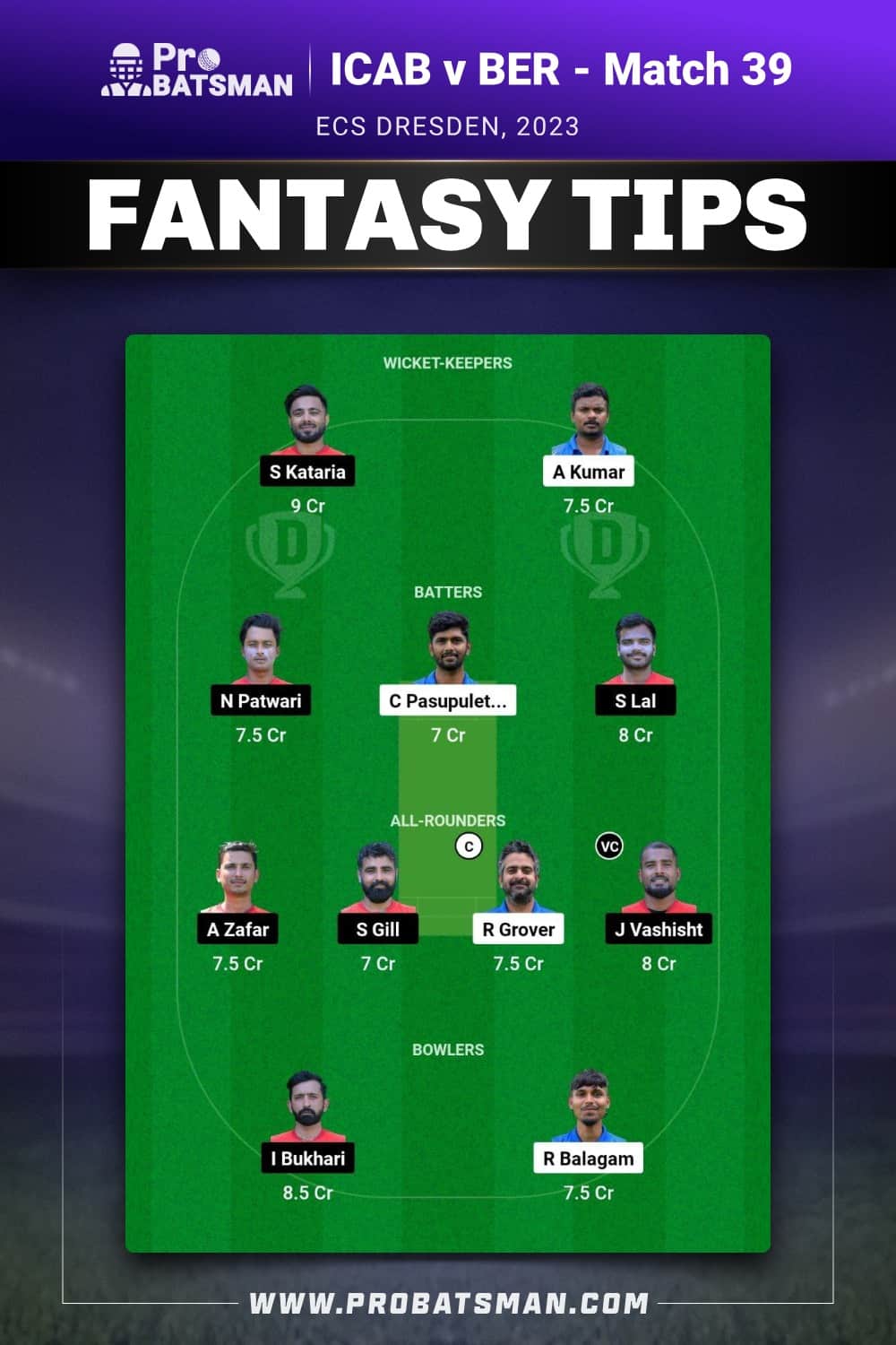 ICAB vs BER Dream11 Prediction - Fantasy Team 1