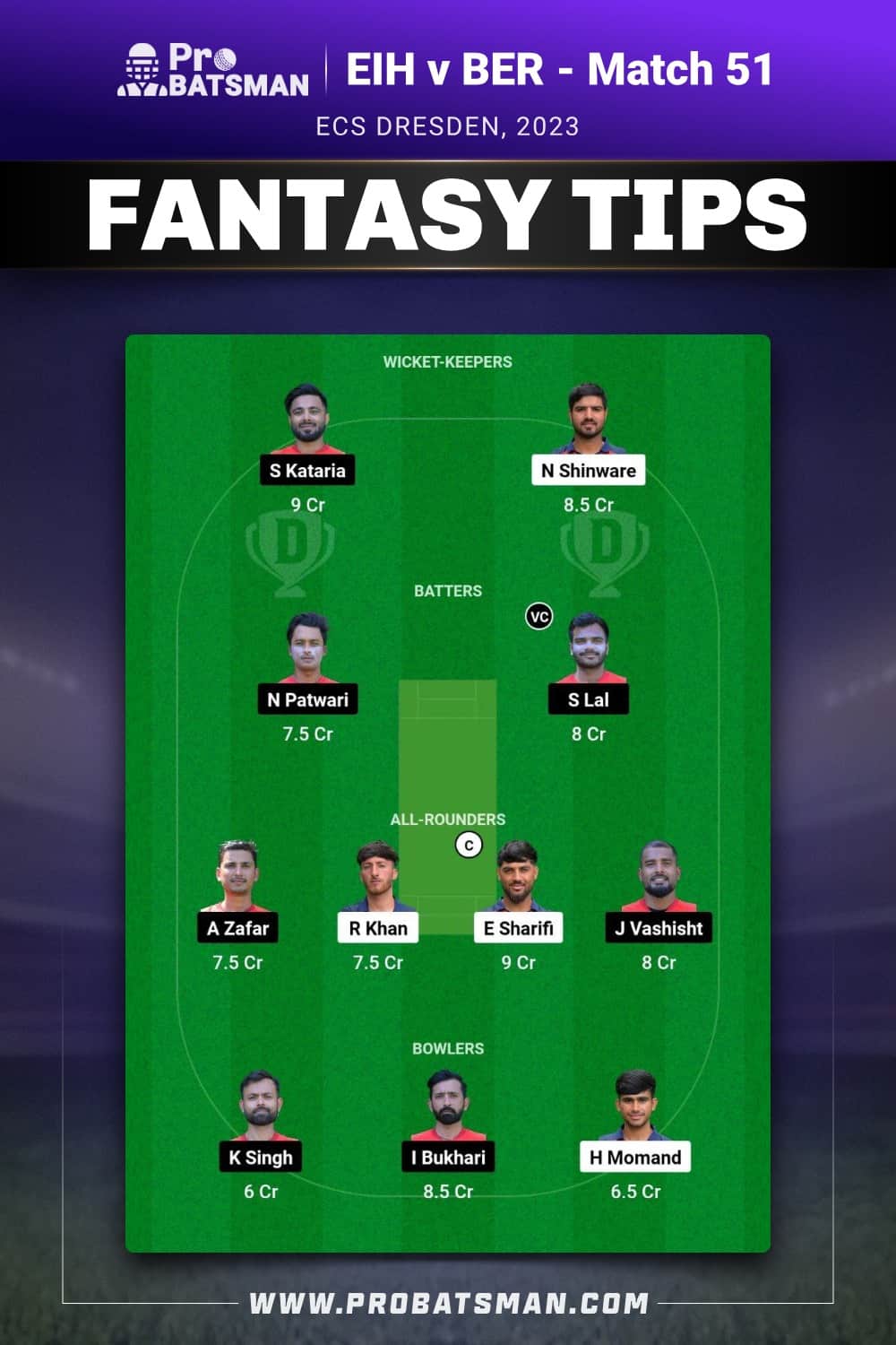 EIH vs BER Dream11 Prediction - Fantasy Team 2 EIH vs BER Dream11 Prediction - Fantasy Team 2