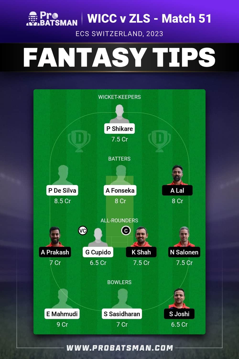 WICC vs ZLS Dream11 Prediction - Fantasy Team 1 WICC vs ZLS Dream11 Prediction - Fantasy Team 1